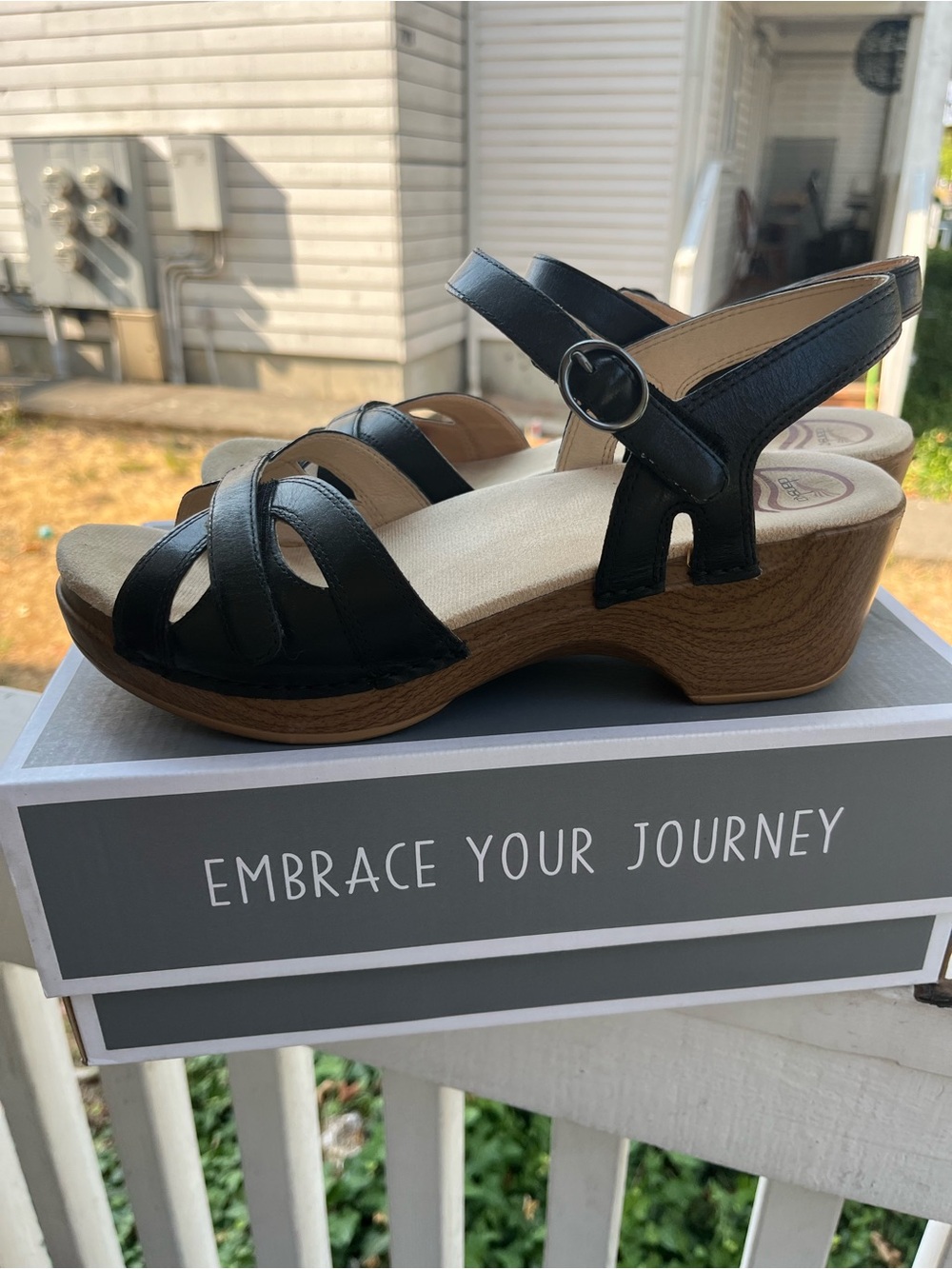 Dansko Black Leather Strappy Wedge Sandal